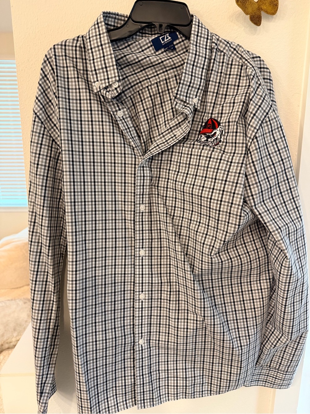 Cutter & Buck White and Navy Plaid Long-Sleeve Button-Down Shirt GA Bulldogs